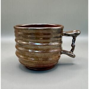 Handmade Studio Pottery Mug Sculpted Handle Rustic Brown Wheel-Thrown Art Cup